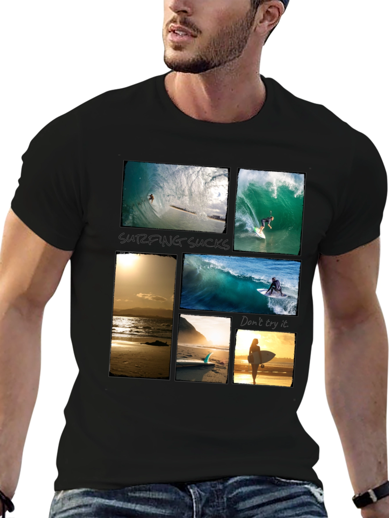 Surfing Collage Graphic Tee - Black Cotton T-Shirt