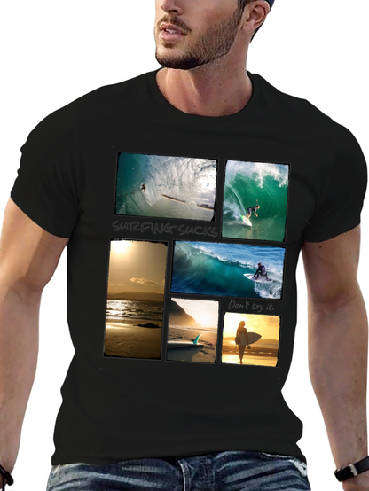 Surfing Collage Graphic Tee - Black Cotton T-Shirt