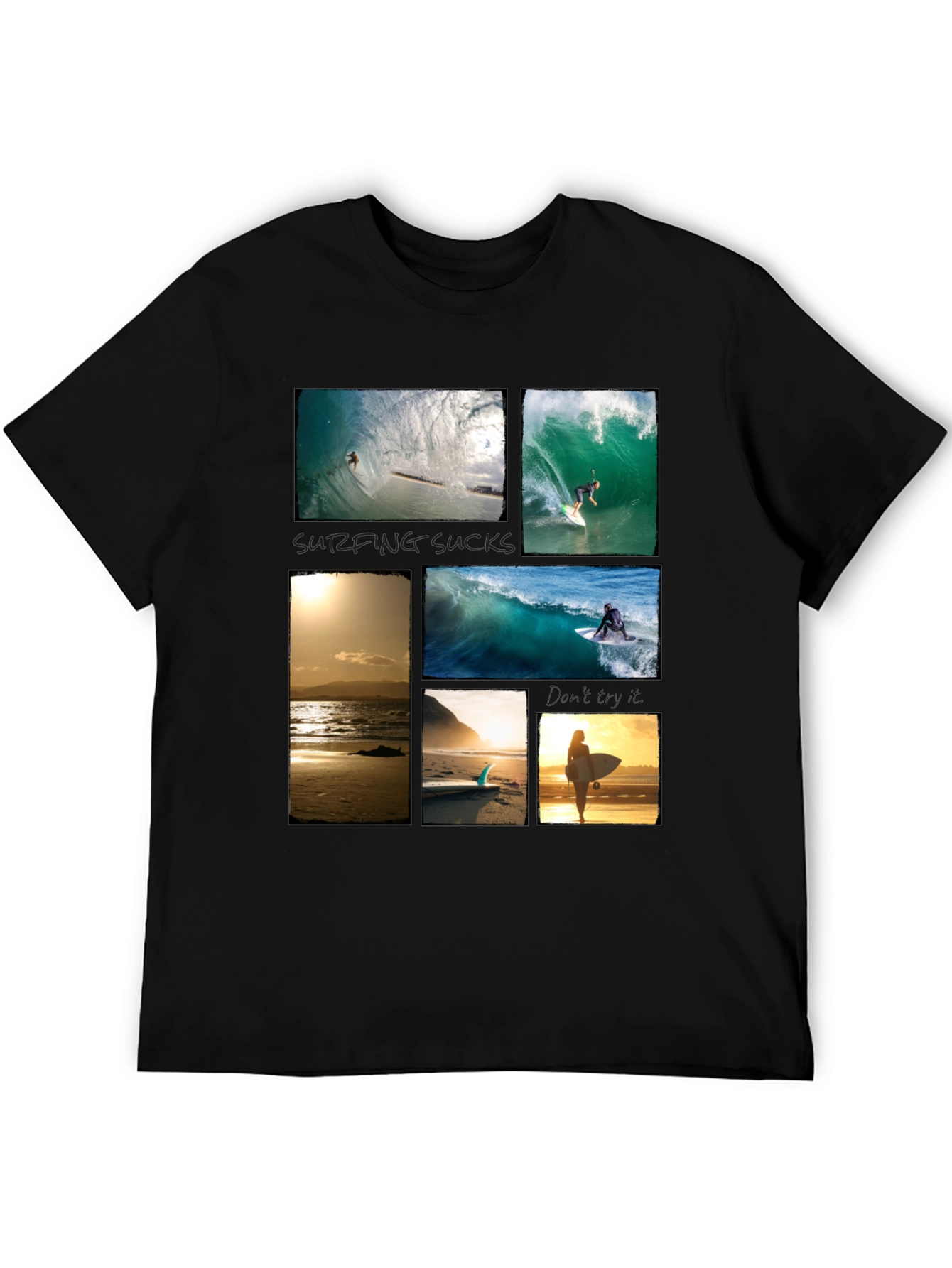 Surfing Collage Graphic Tee - Black Cotton T-Shirt