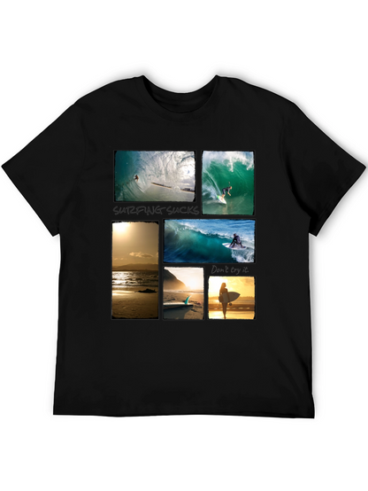 Surfing Collage Graphic Tee - Black Cotton T-Shirt