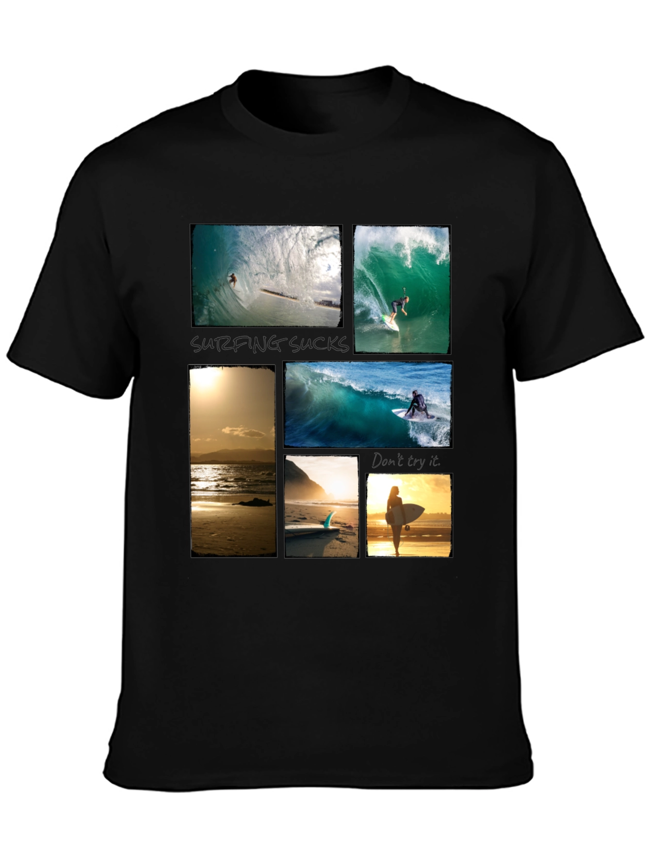Surfing Collage Graphic Tee - Black Cotton T-Shirt