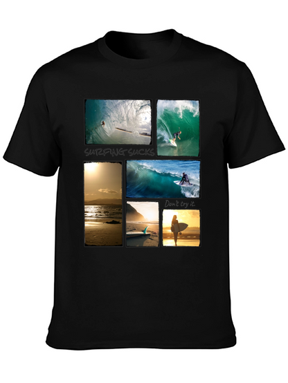 Surfing Collage Graphic Tee - Black Cotton T-Shirt
