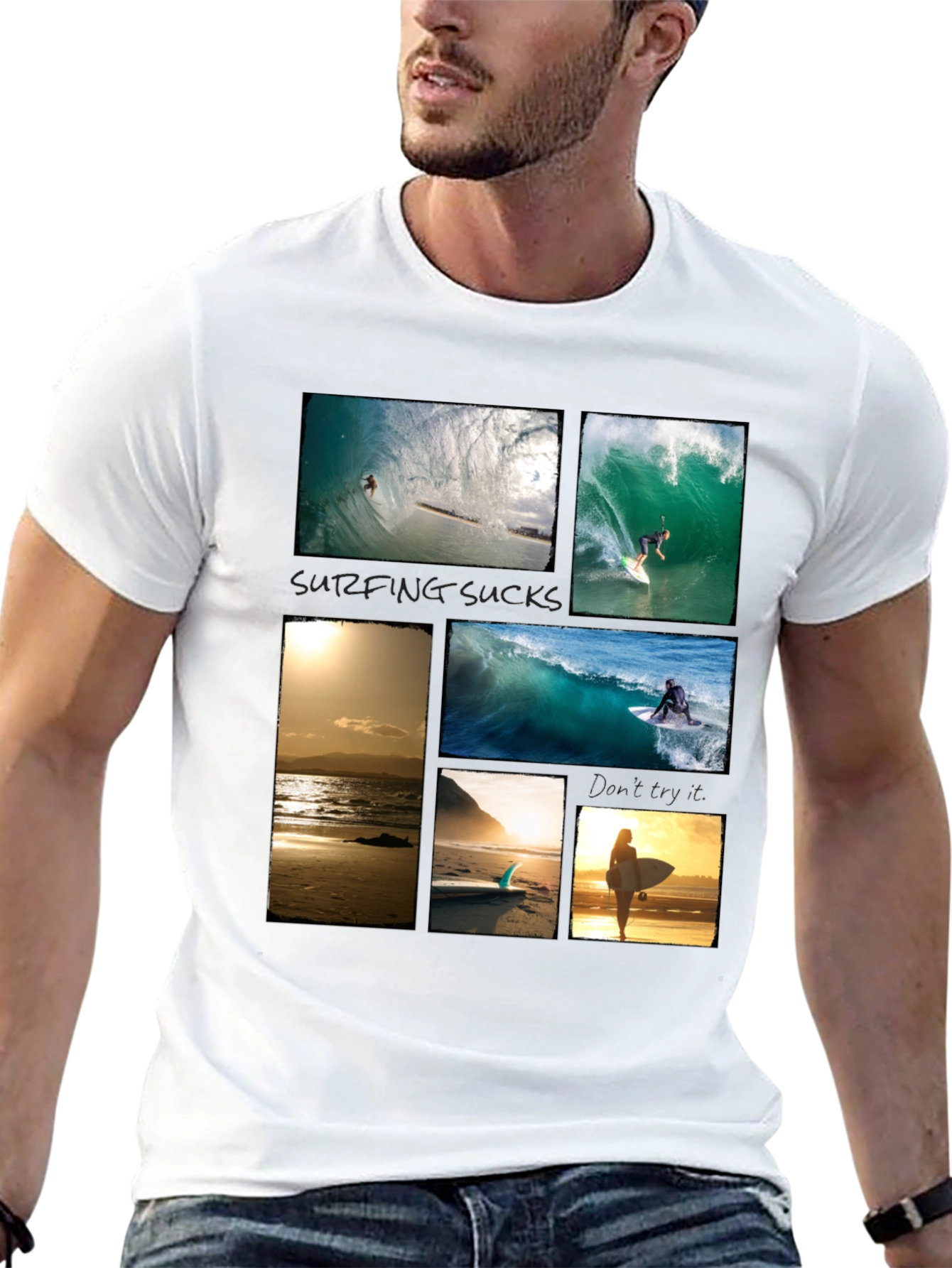 Surfing Collage Graphic Tee - Black Cotton T-Shirt