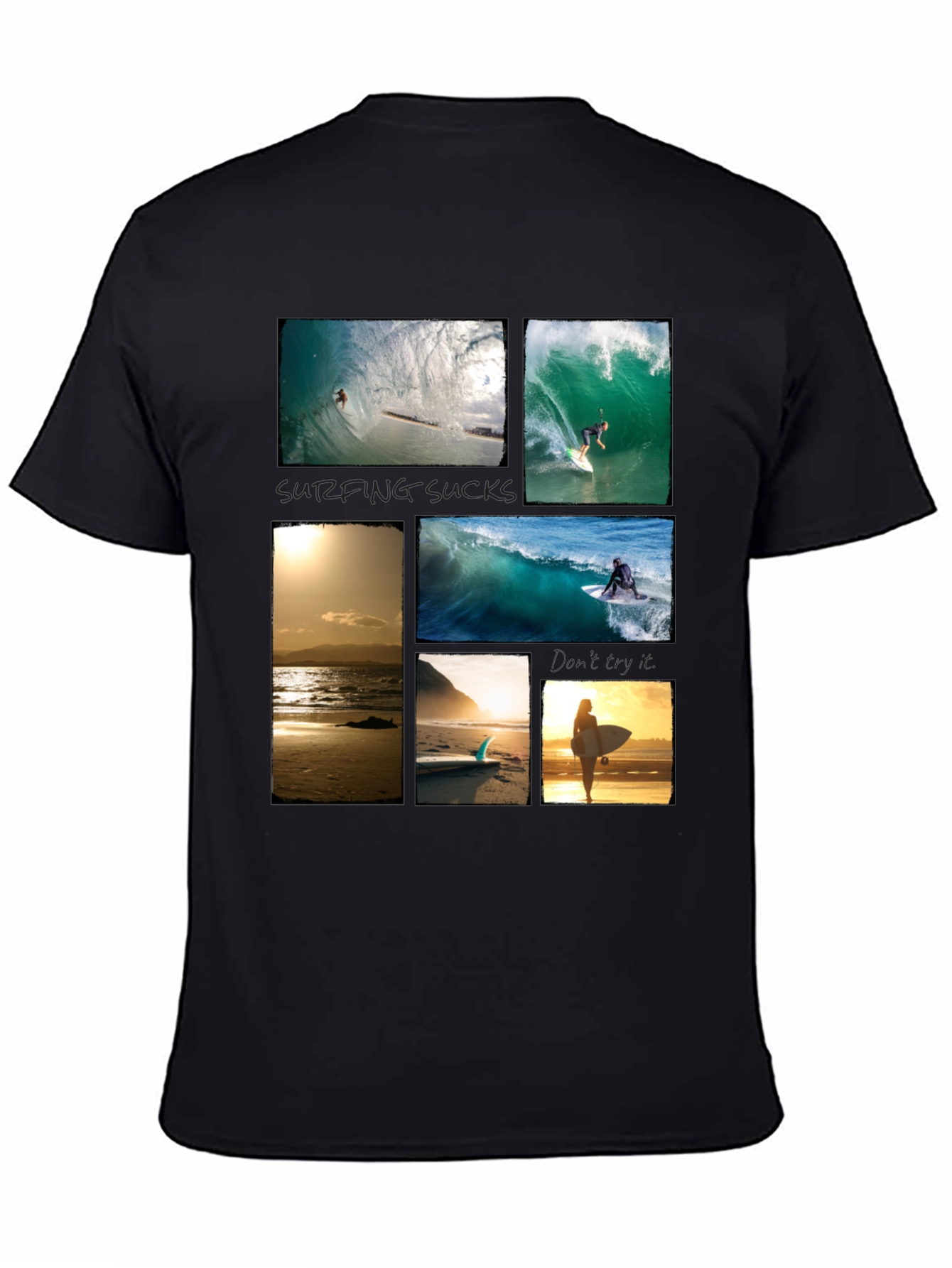Surfing Collage Graphic Tee - Black Cotton T-Shirt