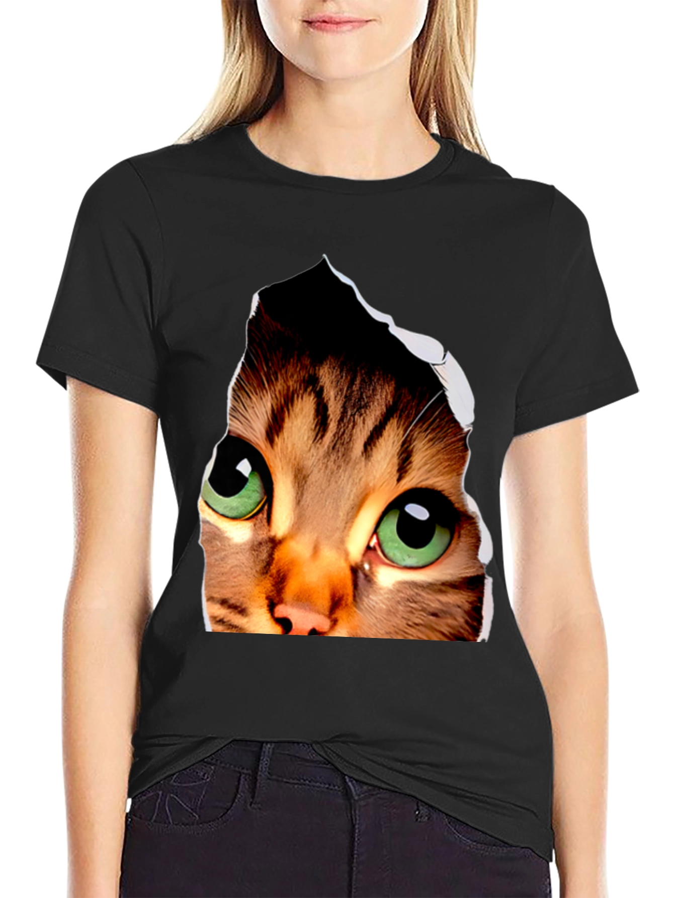 3D Cat Eyes Graphic Black T-Shirt