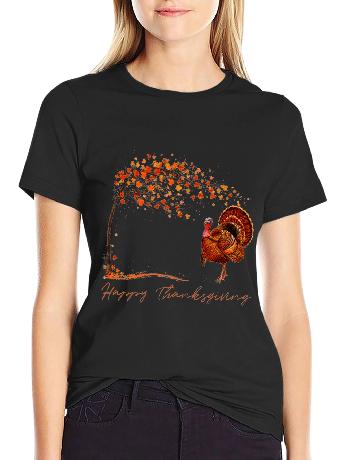 Thanksgiving Turkey Graphic Tee - Black Cotton Blend
