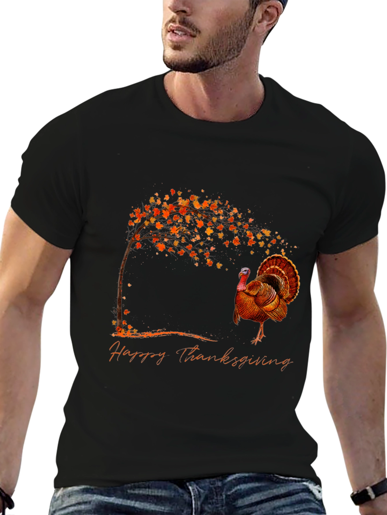 Thanksgiving Turkey Graphic Tee - Black Cotton Blend