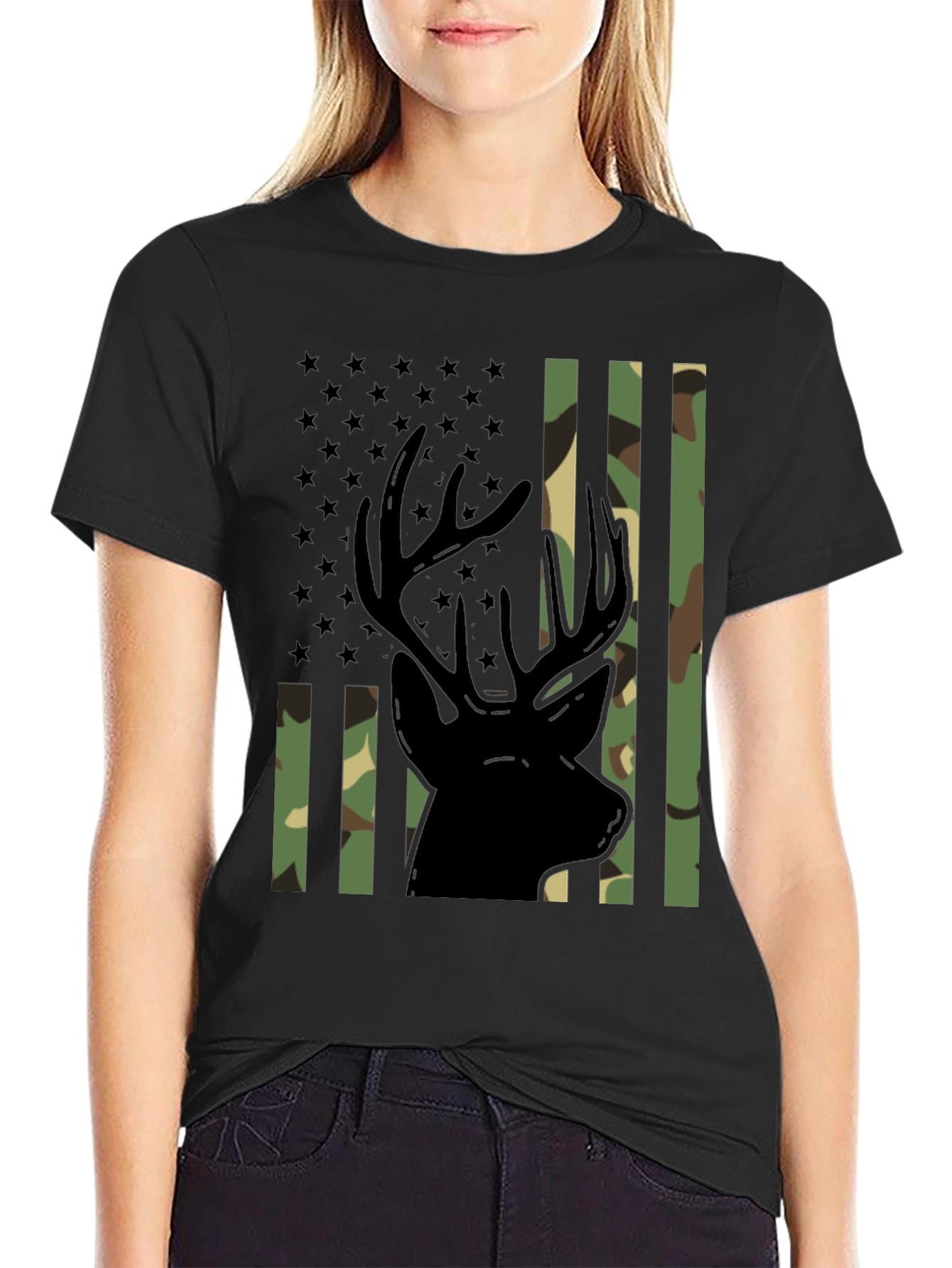 Camo Deer Graphic Tee - Patriotic Style