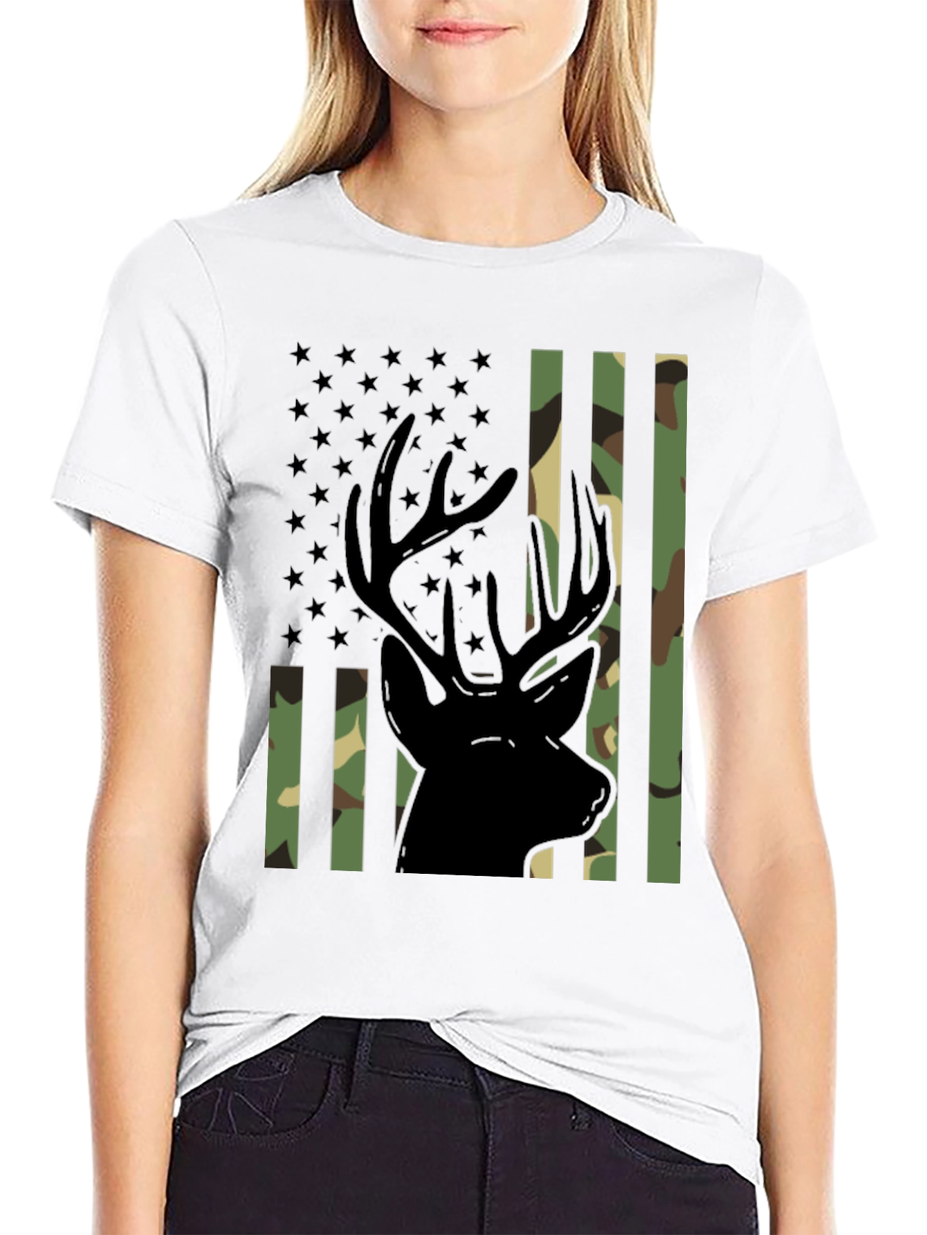 Camo Deer Graphic Tee - Patriotic Style