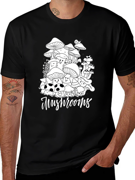 Mushroom Graphic Tee - Black Cotton Casual T-Shirt