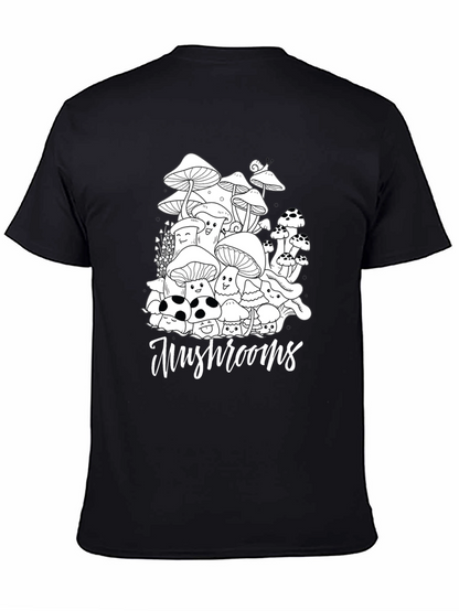 Mushroom Graphic Tee - Black Cotton Casual T-Shirt
