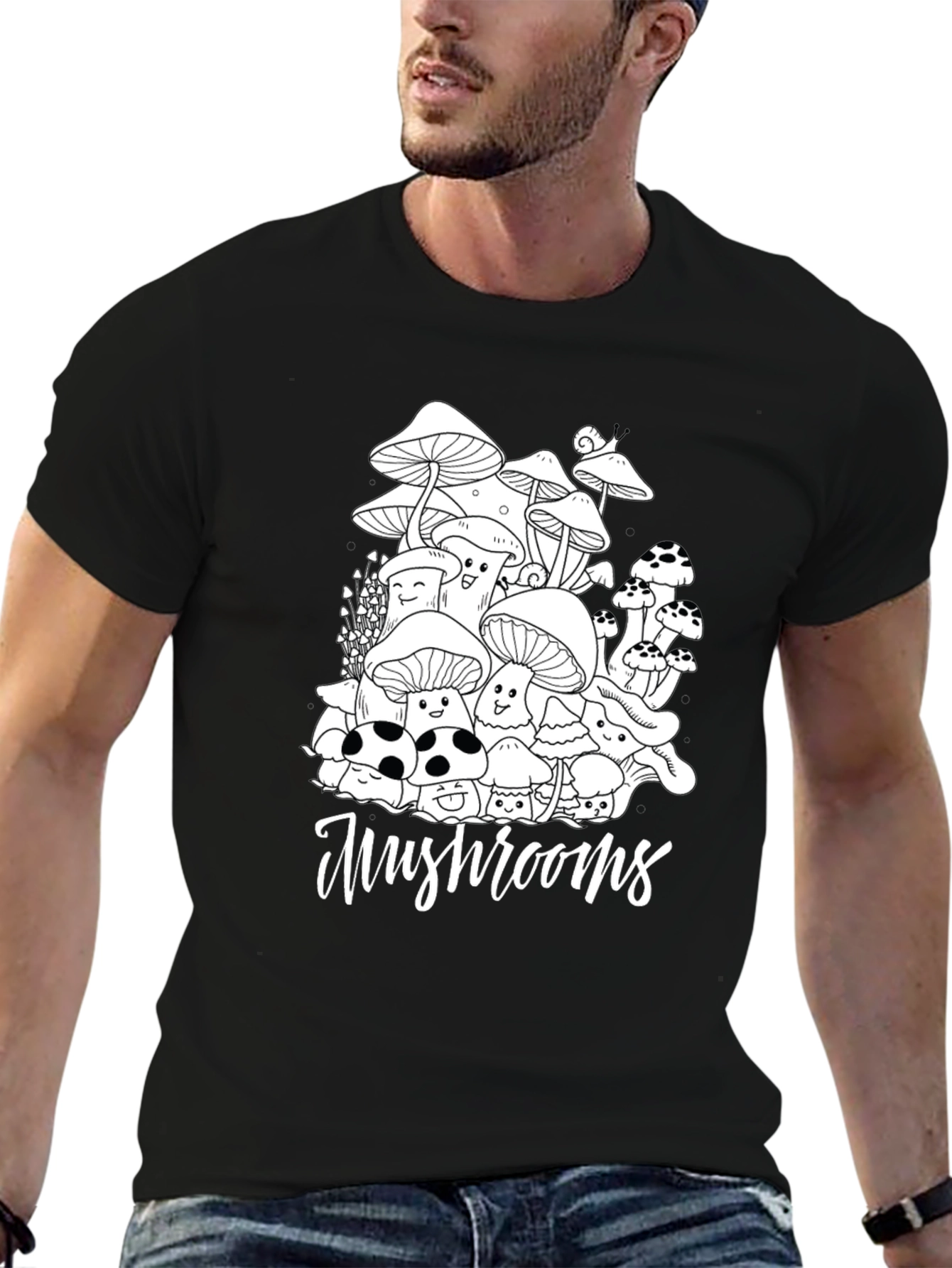Mushroom Graphic Tee - Black Cotton Casual T-Shirt