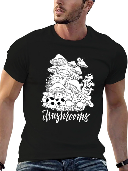 Mushroom Graphic Tee - Black Cotton Casual T-Shirt