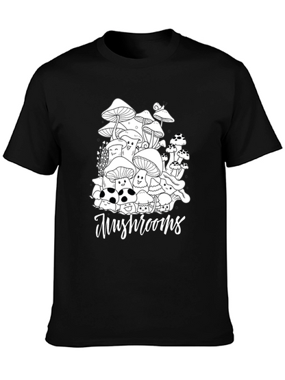 Mushroom Graphic Tee - Black Cotton Casual T-Shirt
