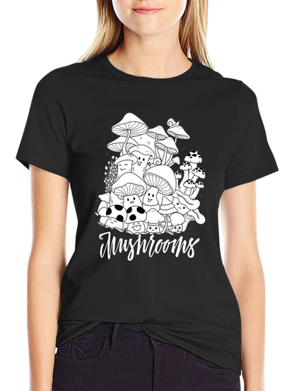 Mushroom Graphic Tee - Black Cotton Casual T-Shirt