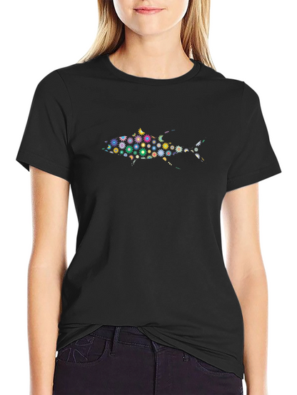 Floral Fish Graphic Black T-Shirt