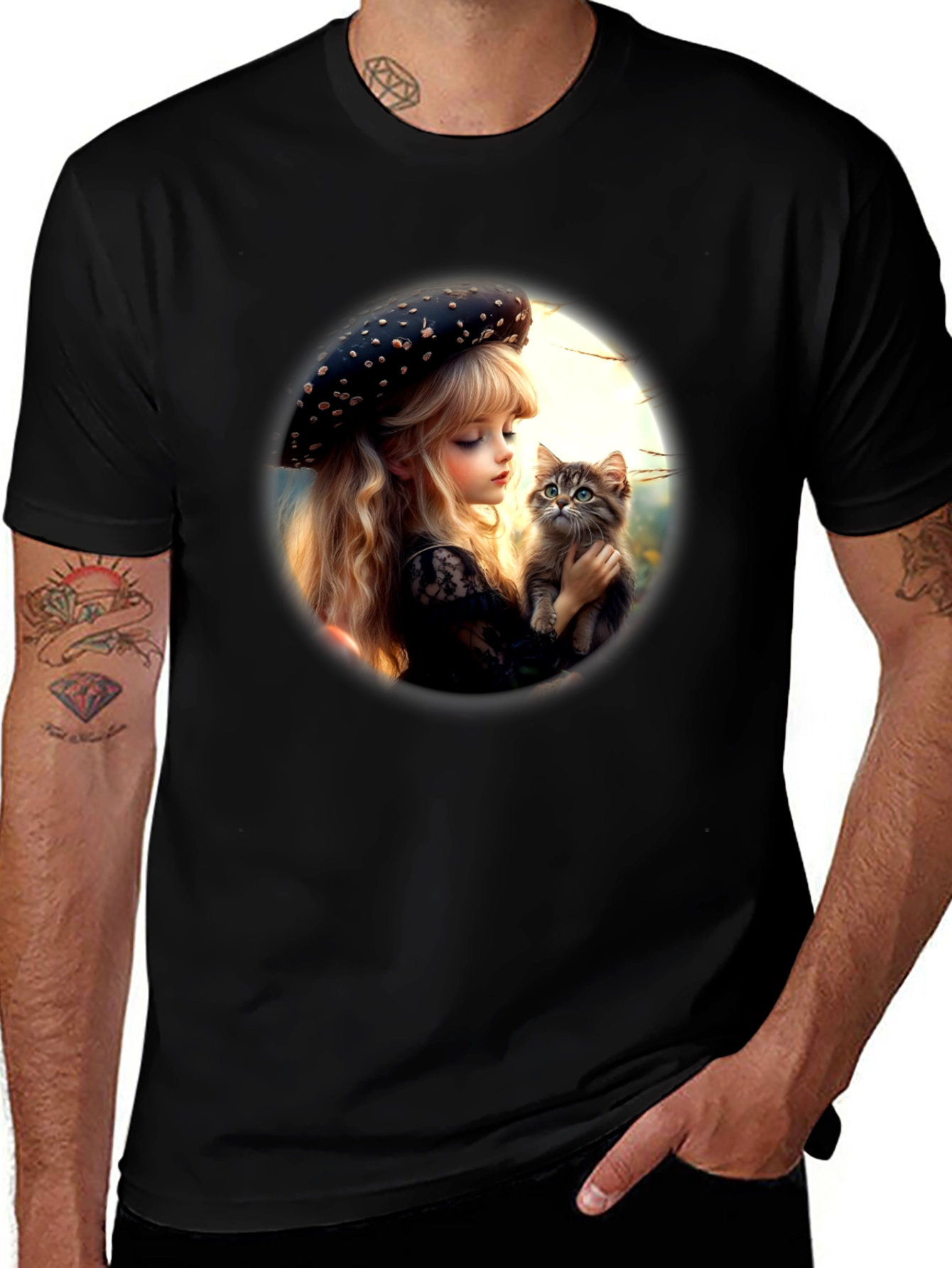 Girl and Kitten Black Graphic Tee
