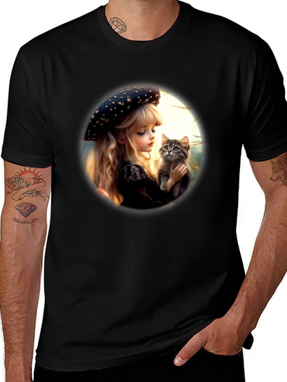 Girl and Kitten Black Graphic Tee