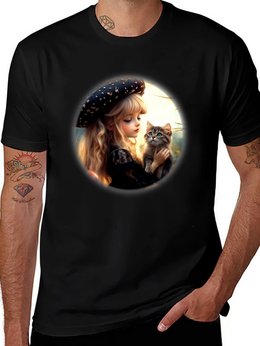 Girl and Kitten Black Graphic Tee