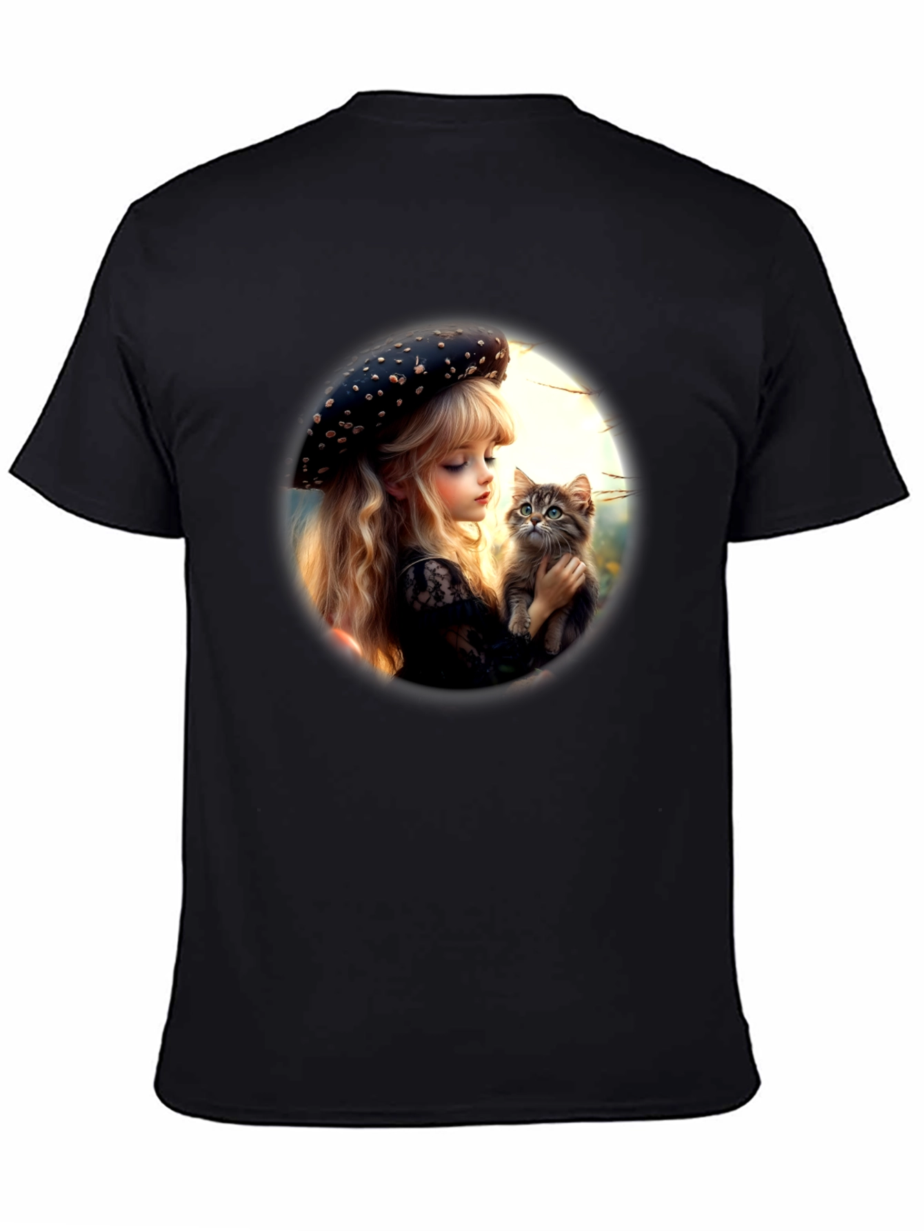 Girl and Kitten Black Graphic Tee