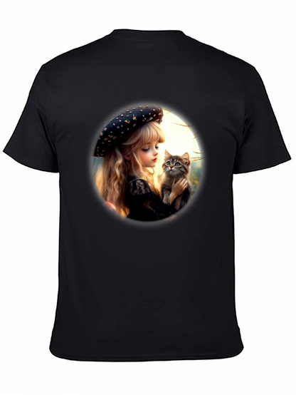 Girl and Kitten Black Graphic Tee