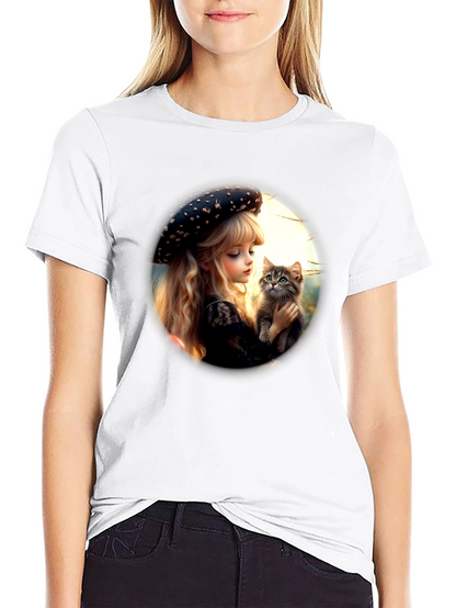 Girl and Kitten Black Graphic Tee