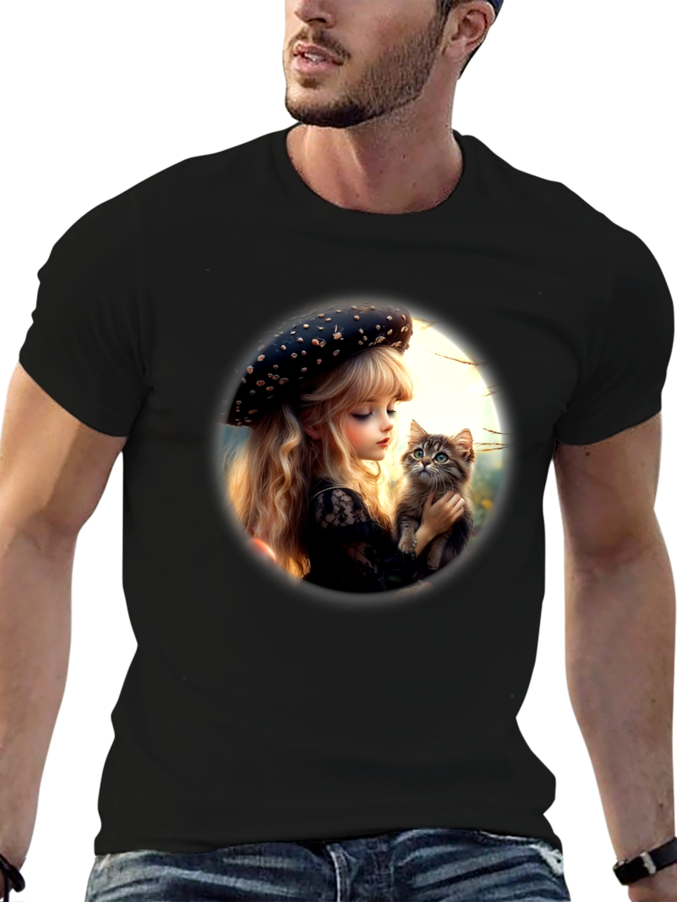 Girl and Kitten Black Graphic Tee