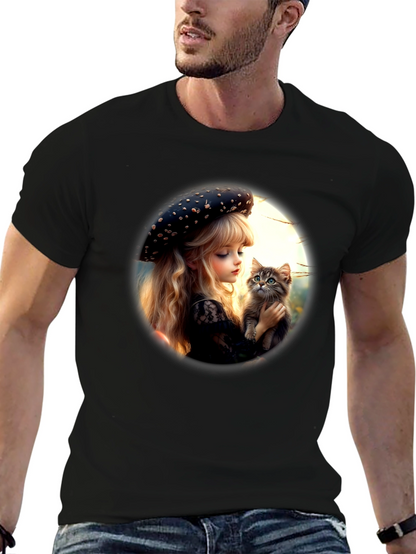 Girl and Kitten Black Graphic Tee