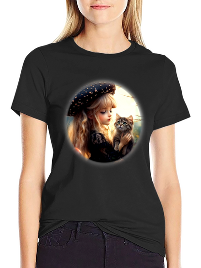 Girl and Kitten Black Graphic Tee