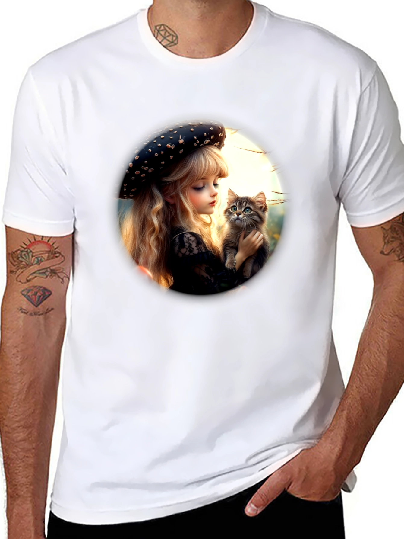 Girl and Kitten Black Graphic Tee