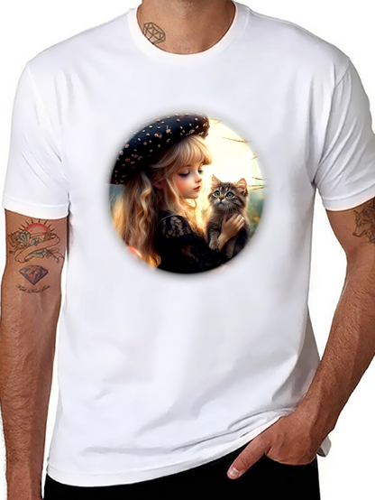 Girl and Kitten Black Graphic Tee