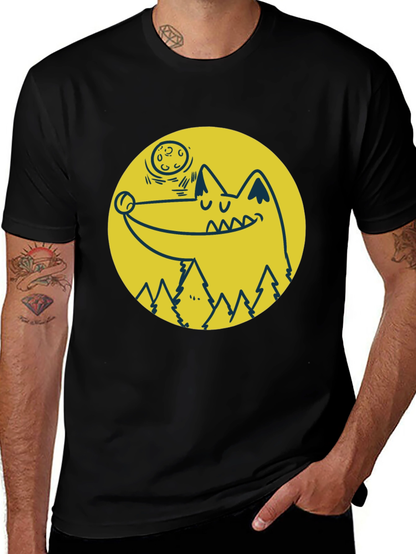 Wolf & Moon Graphic Tee - Black Cotton T-Shirt