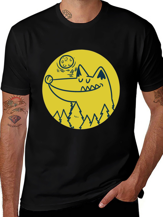 Wolf & Moon Graphic Tee - Black Cotton T-Shirt