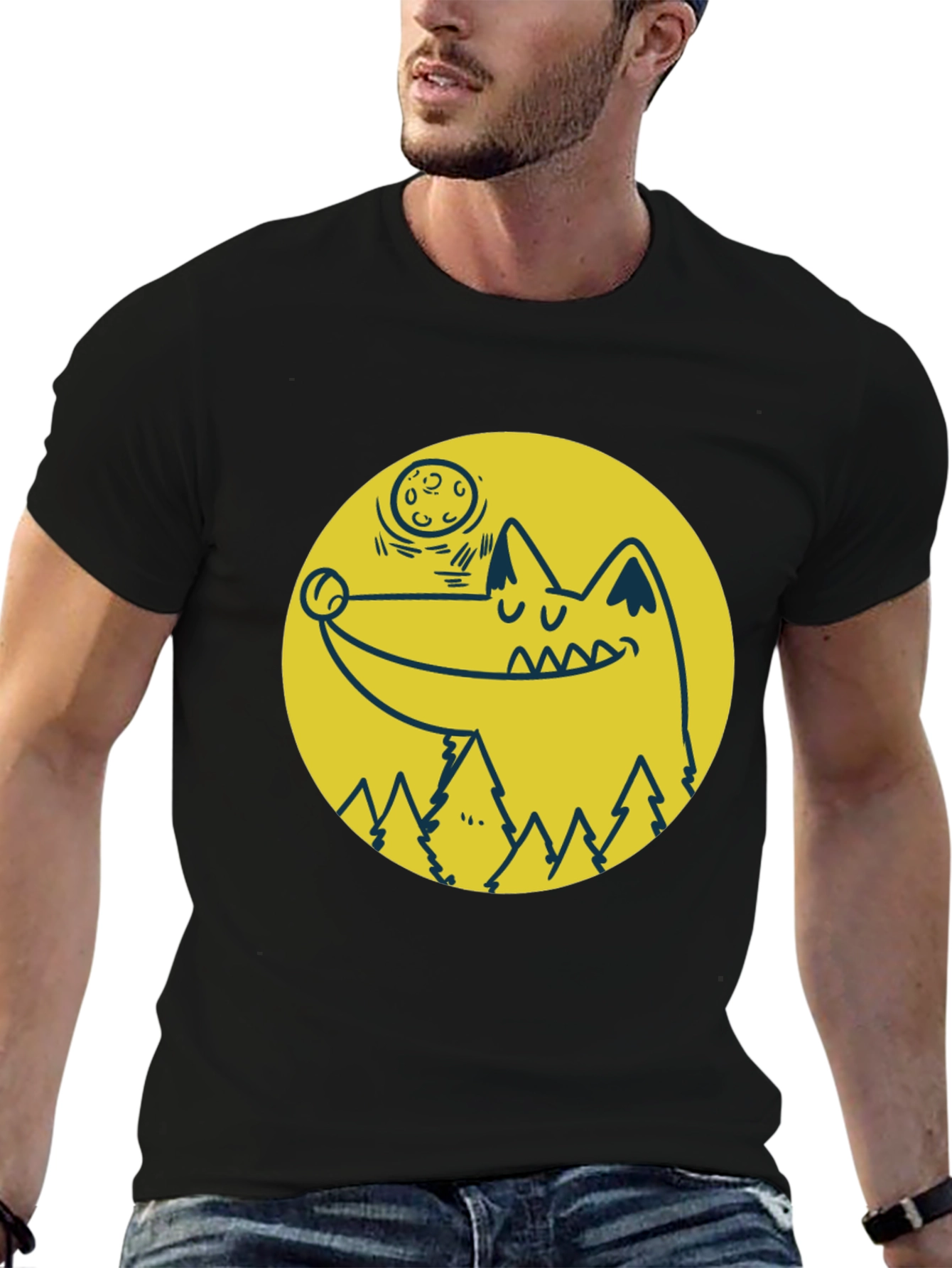 Wolf & Moon Graphic Tee - Black Cotton T-Shirt