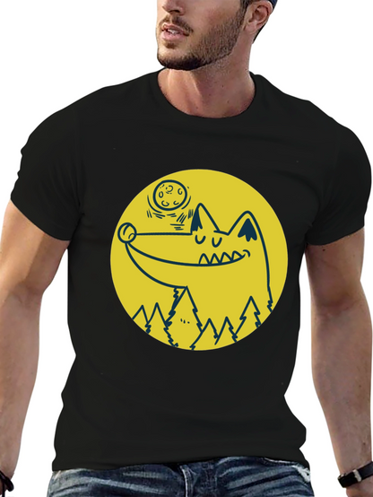 Wolf & Moon Graphic Tee - Black Cotton T-Shirt