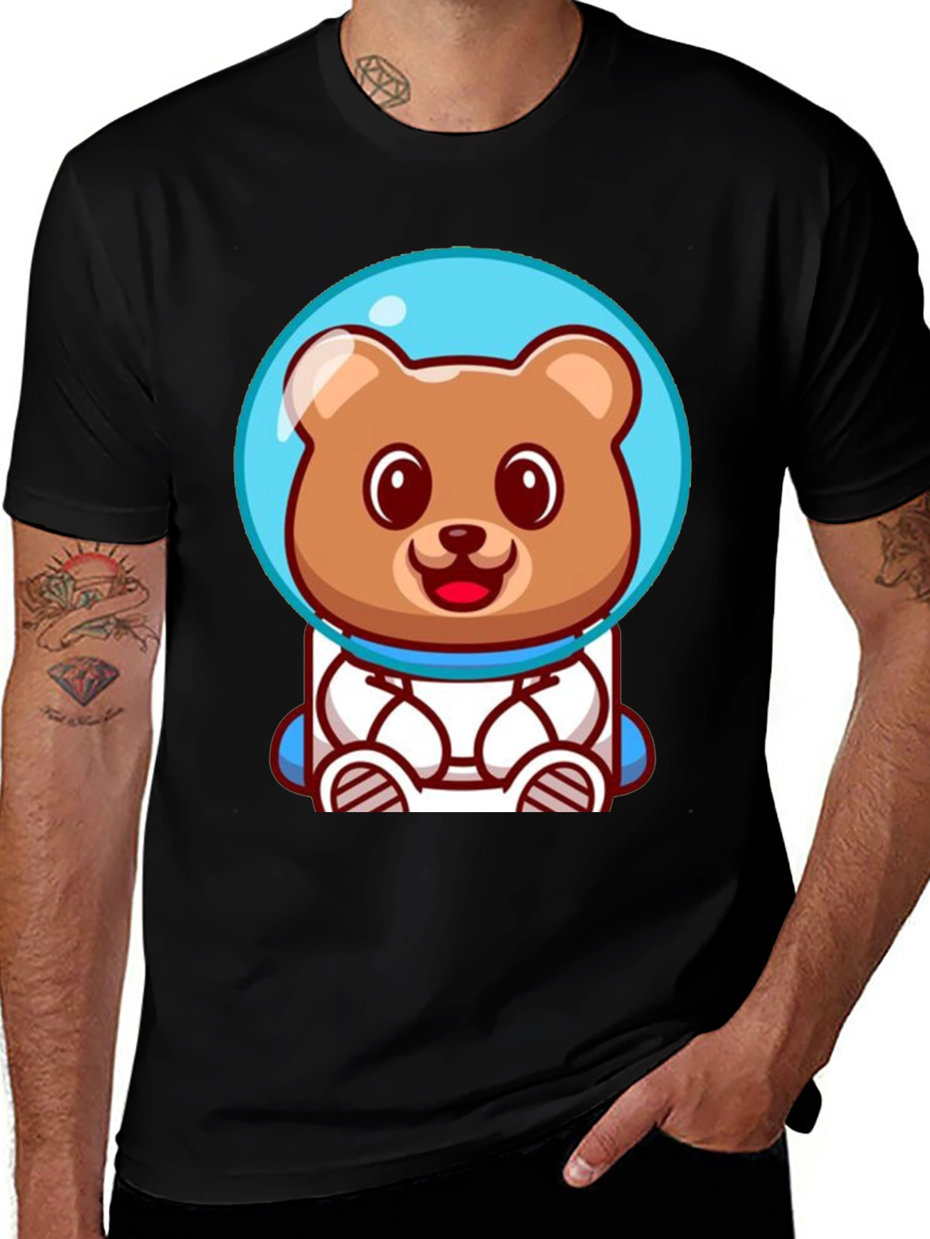Astronaut Bear Graphic Tee - Soft Cotton Black T-Shirt
