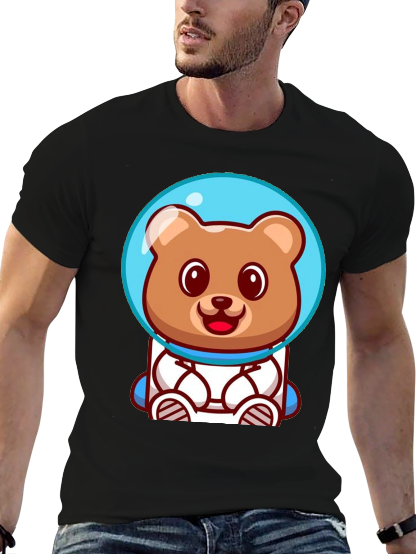 Astronaut Bear Graphic Tee - Soft Cotton Black T-Shirt