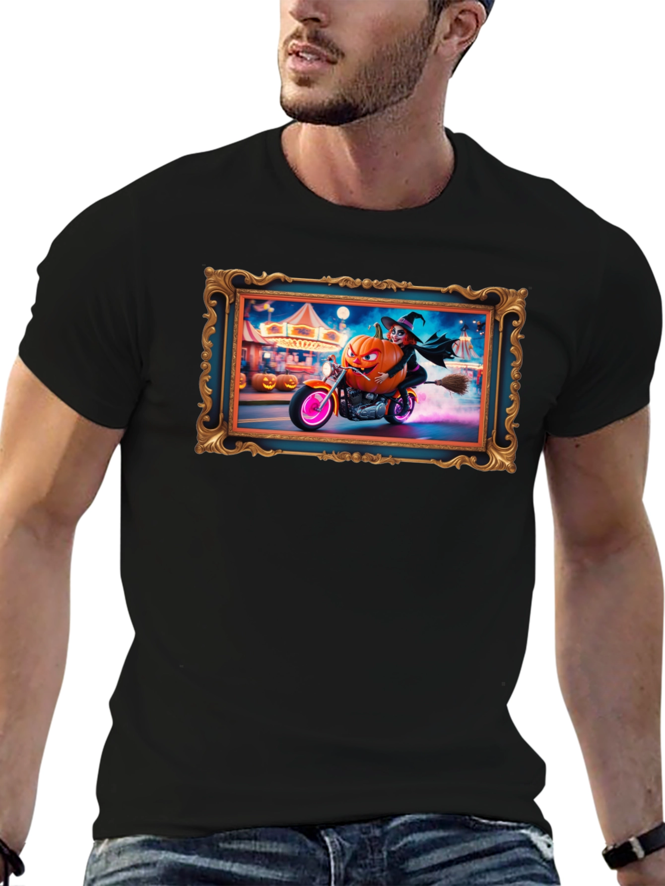 Halloween Witch Pumpkin Motorcycle T-Shirt