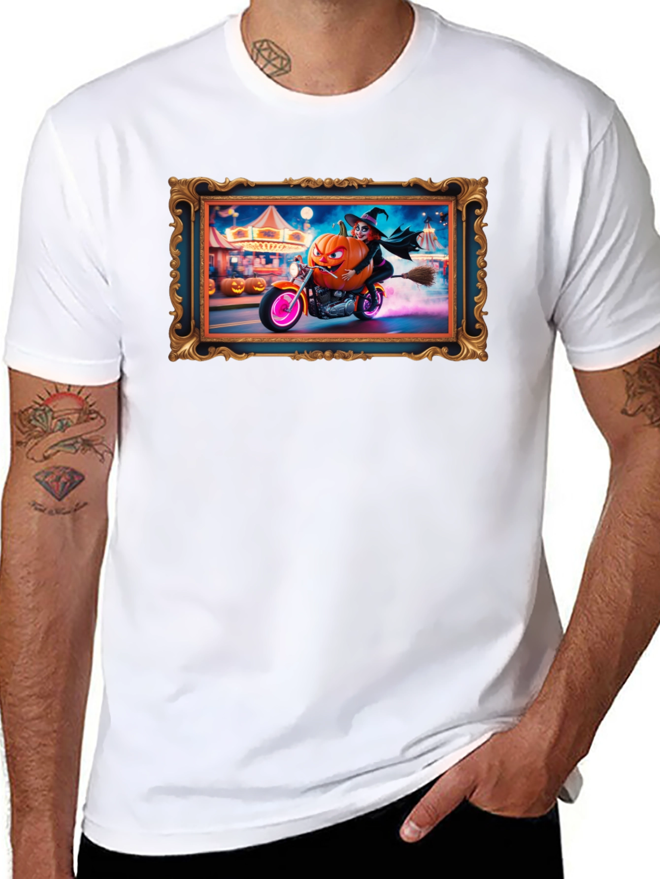 Halloween Witch Pumpkin Motorcycle T-Shirt