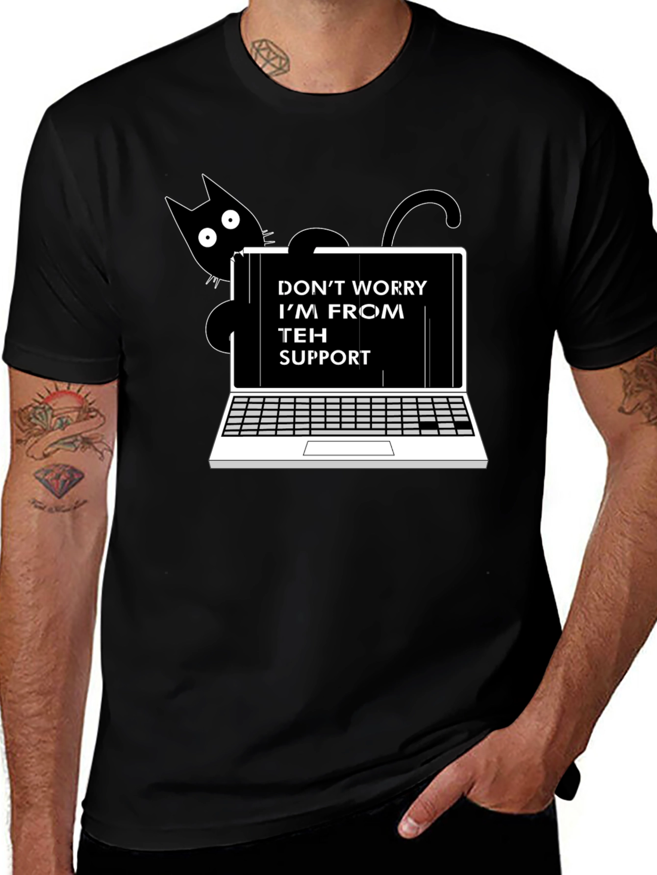 Funny Teh Support Cat Laptop Graphic Tee