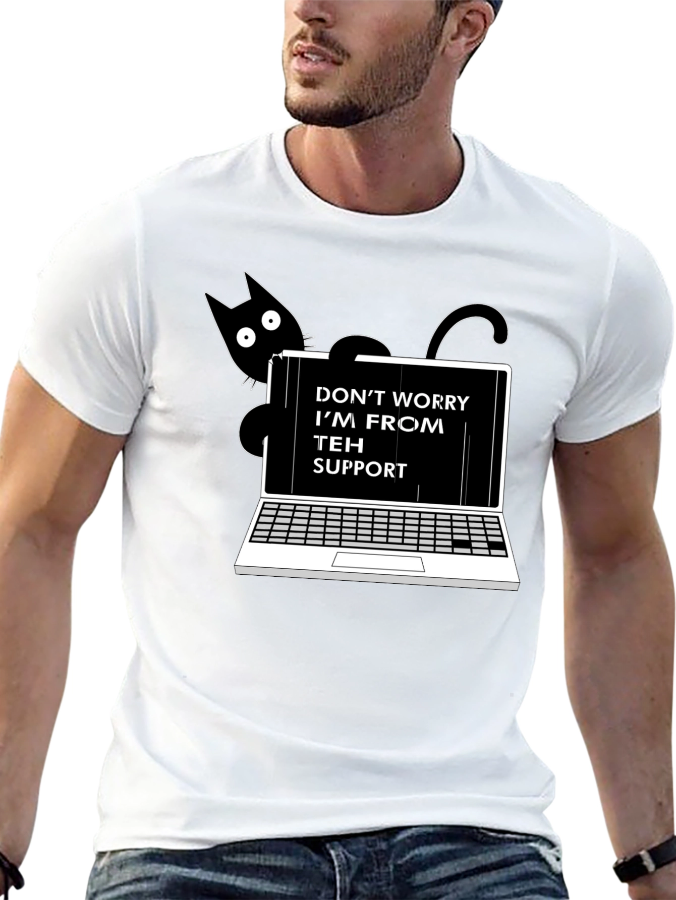 Funny Teh Support Cat Laptop Graphic Tee