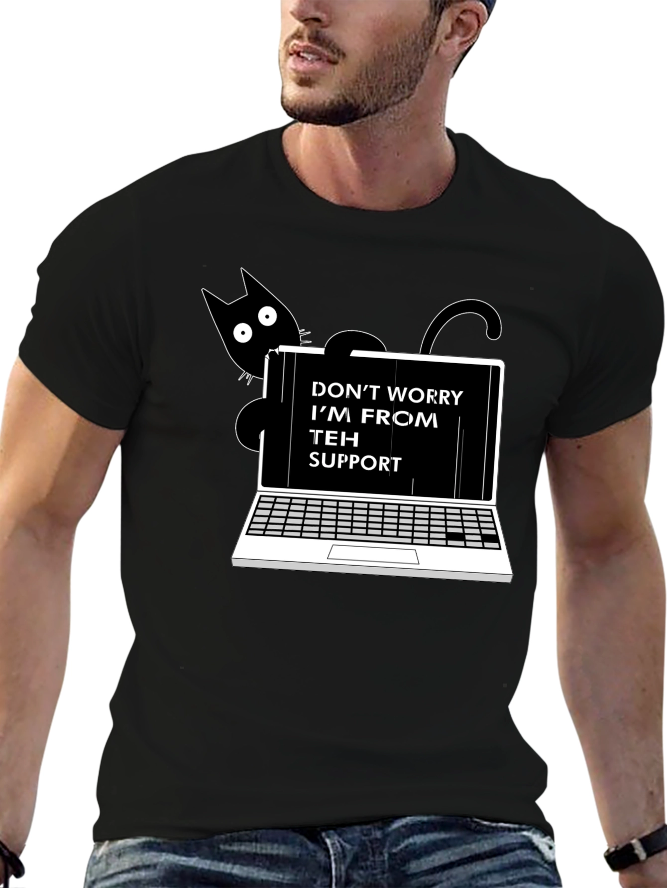 Funny Teh Support Cat Laptop Graphic Tee
