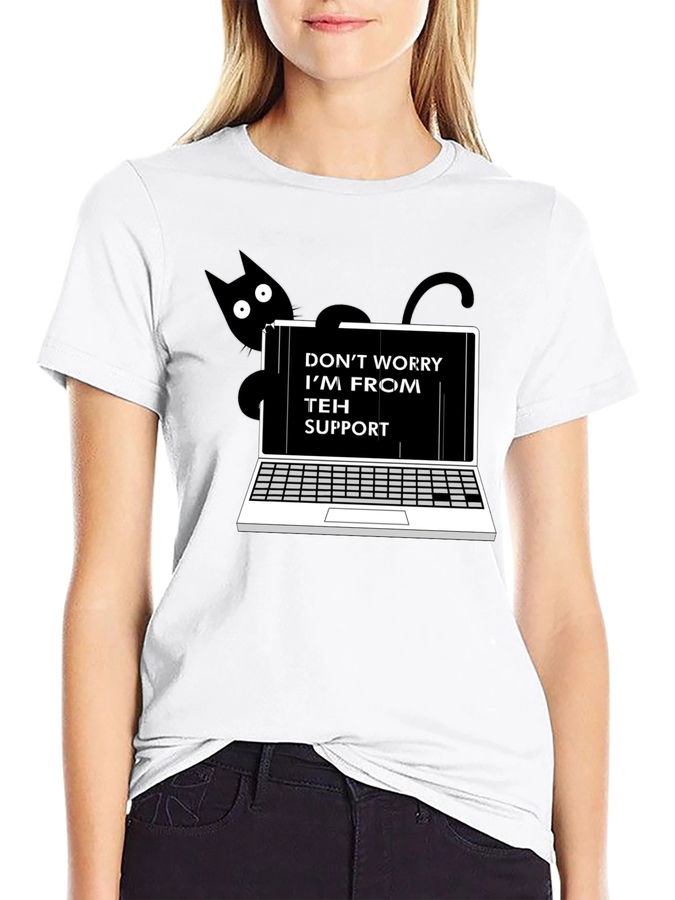 Funny Teh Support Cat Laptop Graphic Tee