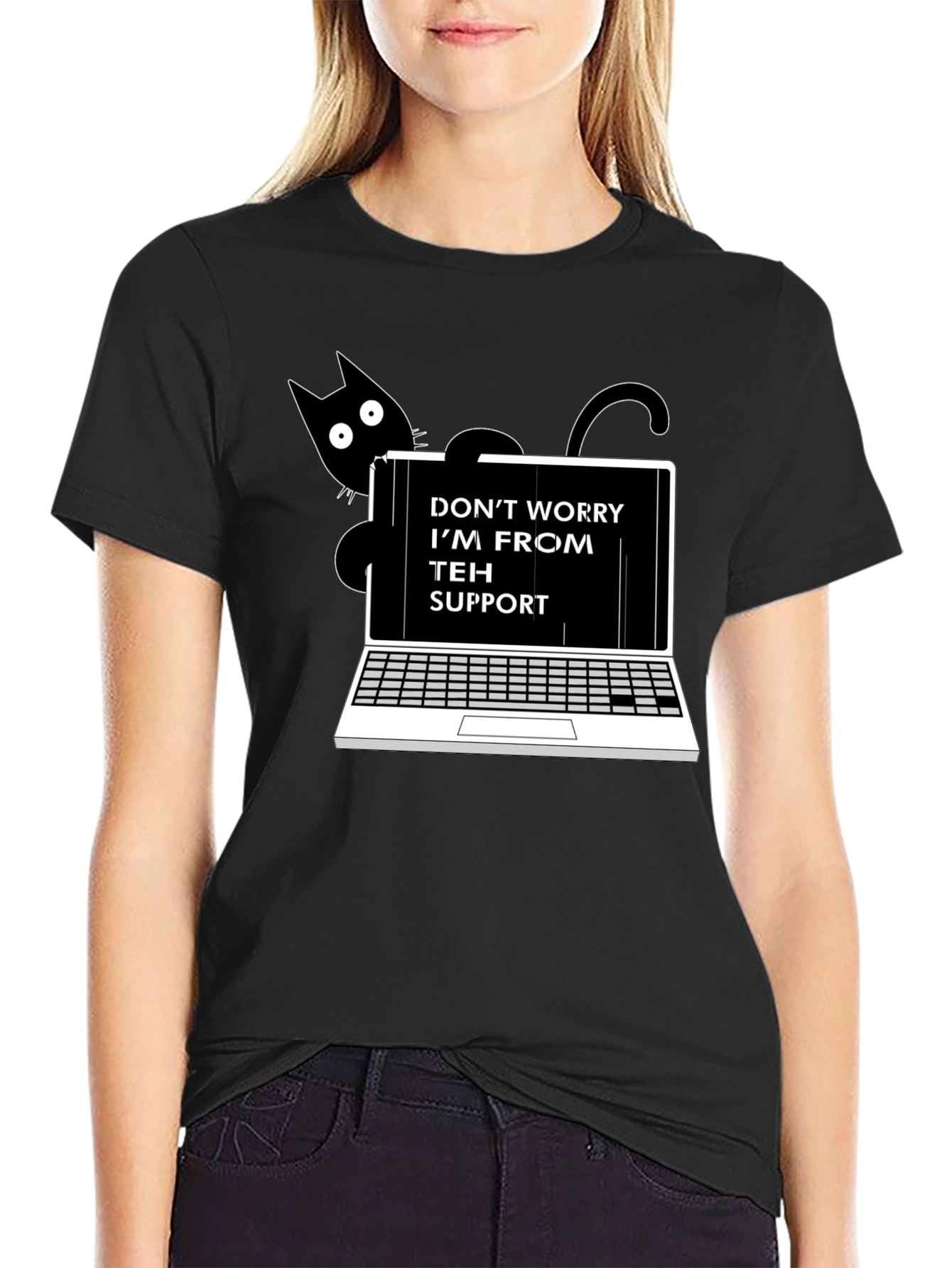 Funny Teh Support Cat Laptop Graphic Tee