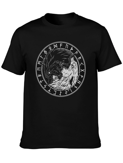 Yin Yang Wolves Circle Rune Black T-Shirt