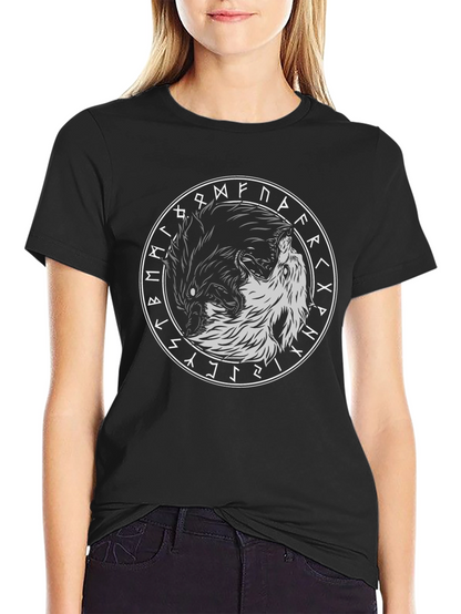 Yin Yang Wolves Circle Rune Black T-Shirt