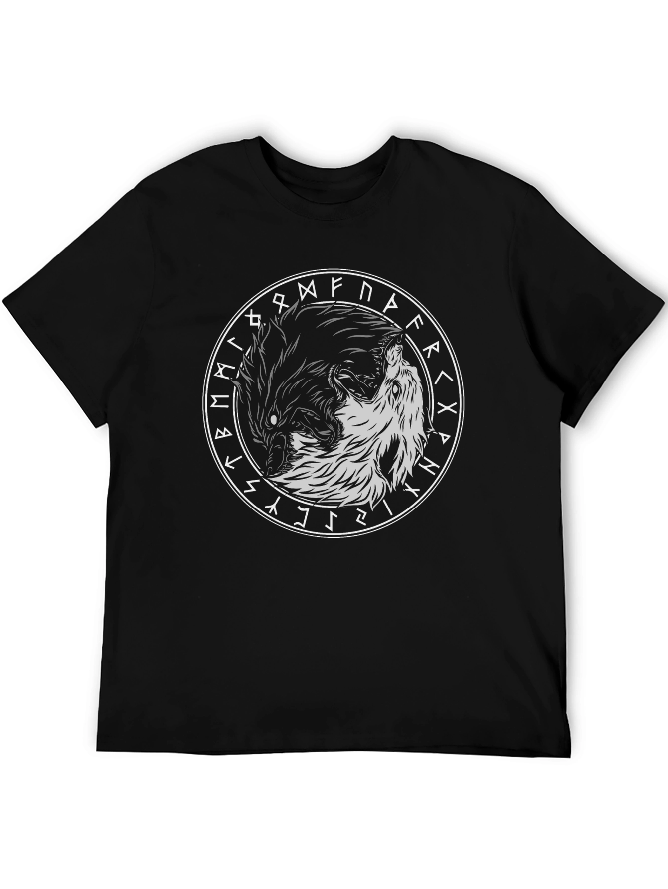 Yin Yang Wolves Circle Rune Black T-Shirt