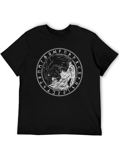 Yin Yang Wolves Circle Rune Black T-Shirt