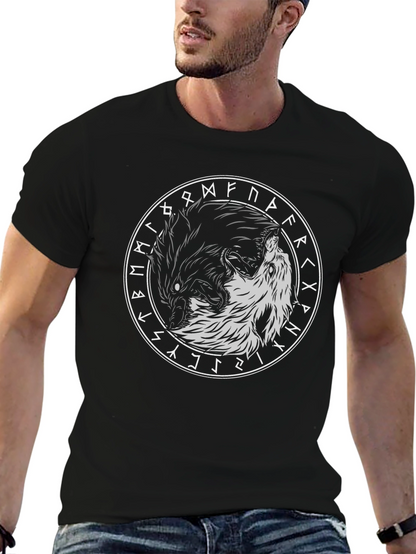 Yin Yang Wolves Circle Rune Black T-Shirt