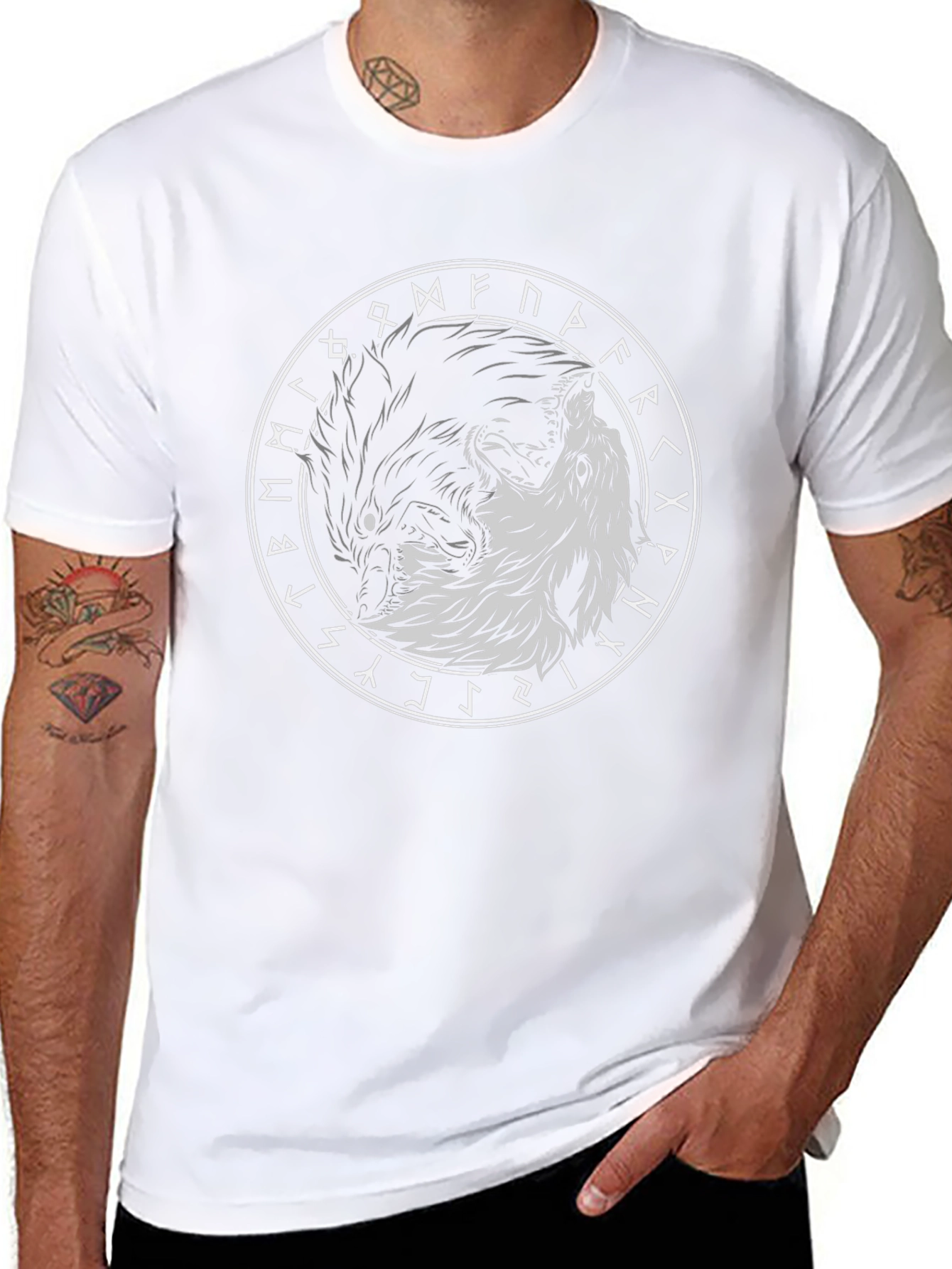 Yin Yang Wolves Circle Rune Black T-Shirt
